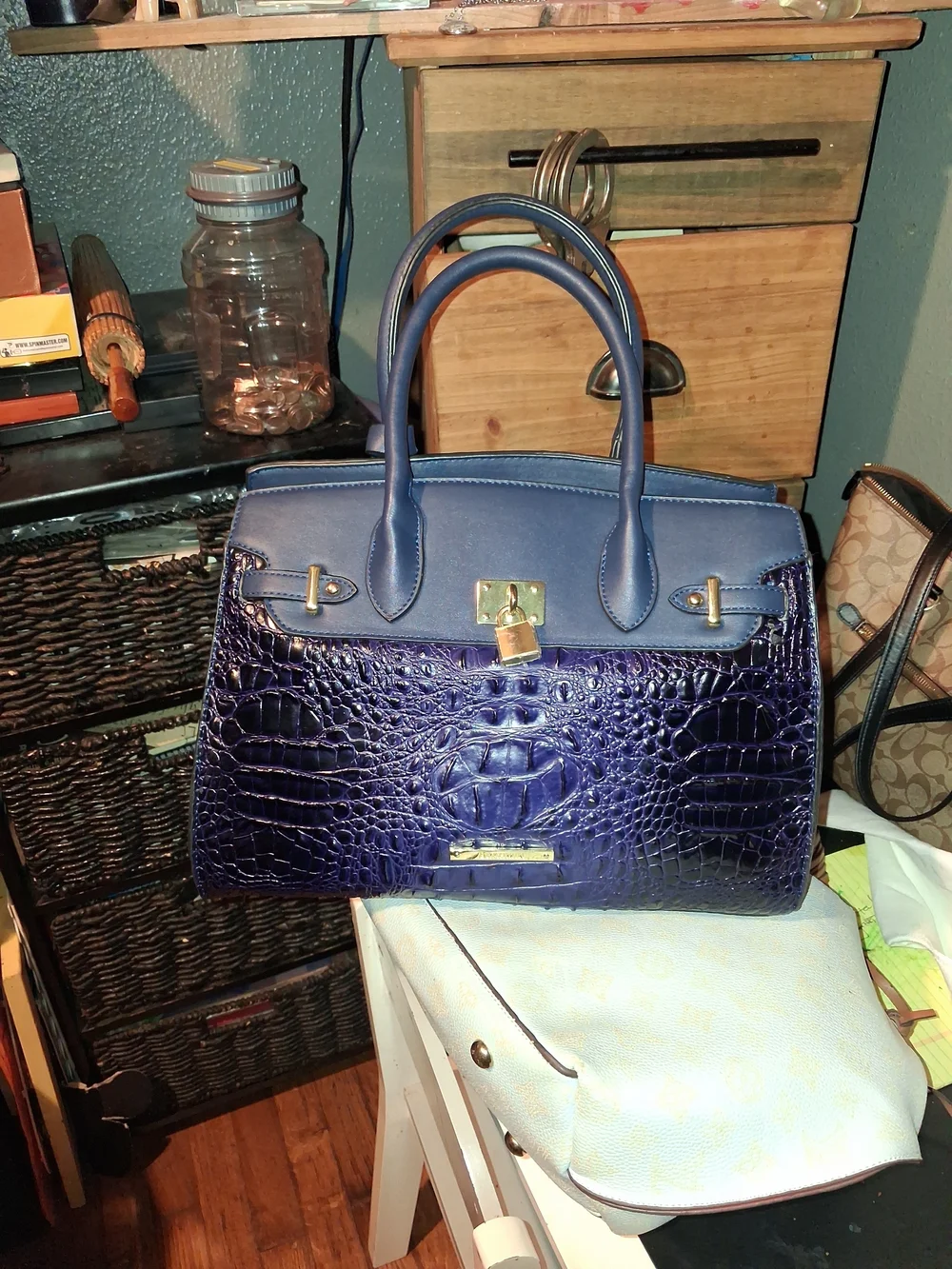 Brahmin Deep Navy Blue Croc-Embossed Satchel with Gold Hardware